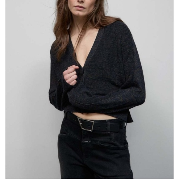 CLOSED Smokey Blue Cropped Cardigan - Dark Blue Wool Blend Knit Cardigan Sweater - Picture 5 of 11